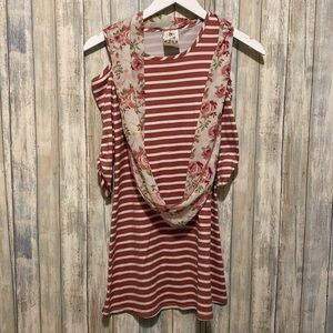 Jenna & Jessie | Girls Off the shoulder scarf attached floral striped dress